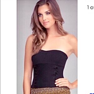 Bebe  Strapless Black Top with Lace detail in front  Seaming Corset Top